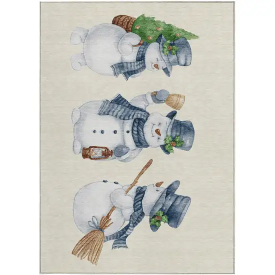 Ivory And Denim Blue Botanical Leaves Washable Indoor Outdoor Area Rug Photo 4