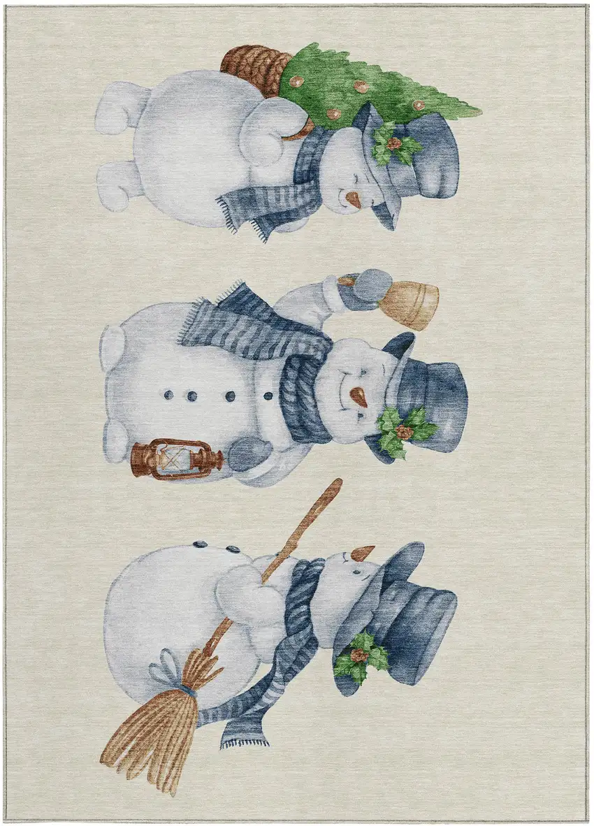 Ivory And Denim Blue Botanical Leaves Washable Indoor Outdoor Area Rug Photo 4