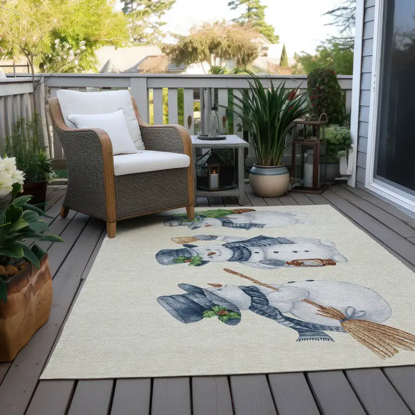 Ivory And Denim Blue Botanical Leaves Washable Indoor Outdoor Area Rug Photo 8