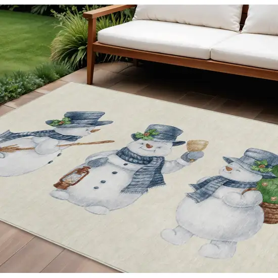 Ivory And Denim Blue Snowmen Washable Indoor Outdoor Area Rug Photo 1