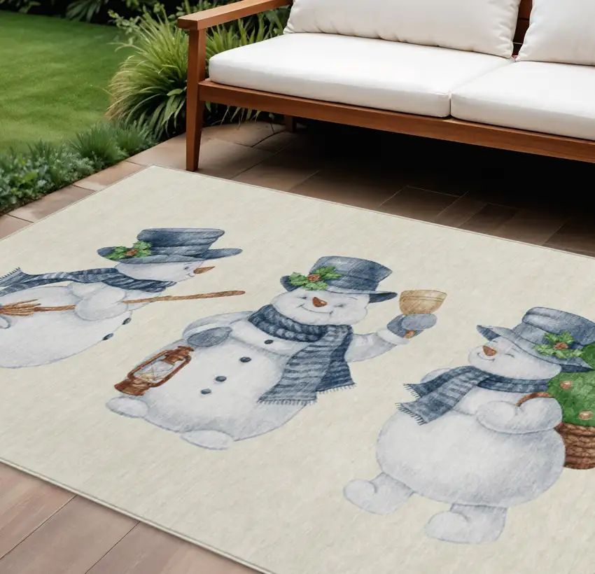 Ivory And Denim Blue Snowmen Washable Indoor Outdoor Area Rug Photo 1