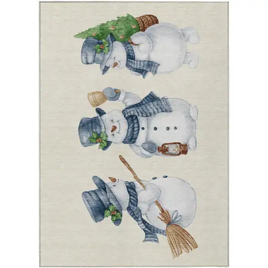 Ivory And Denim Blue Snowmen Washable Indoor Outdoor Area Rug Photo 2