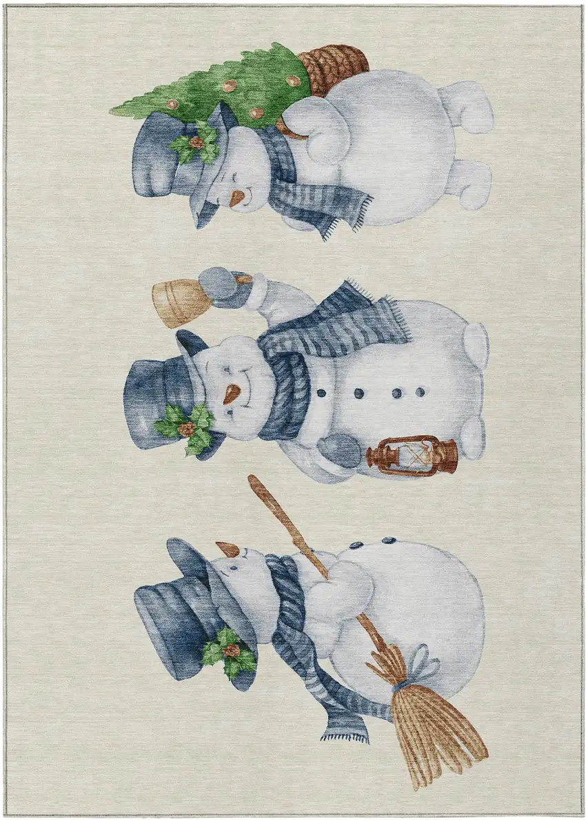 Ivory And Denim Blue Snowmen Washable Indoor Outdoor Area Rug Photo 2
