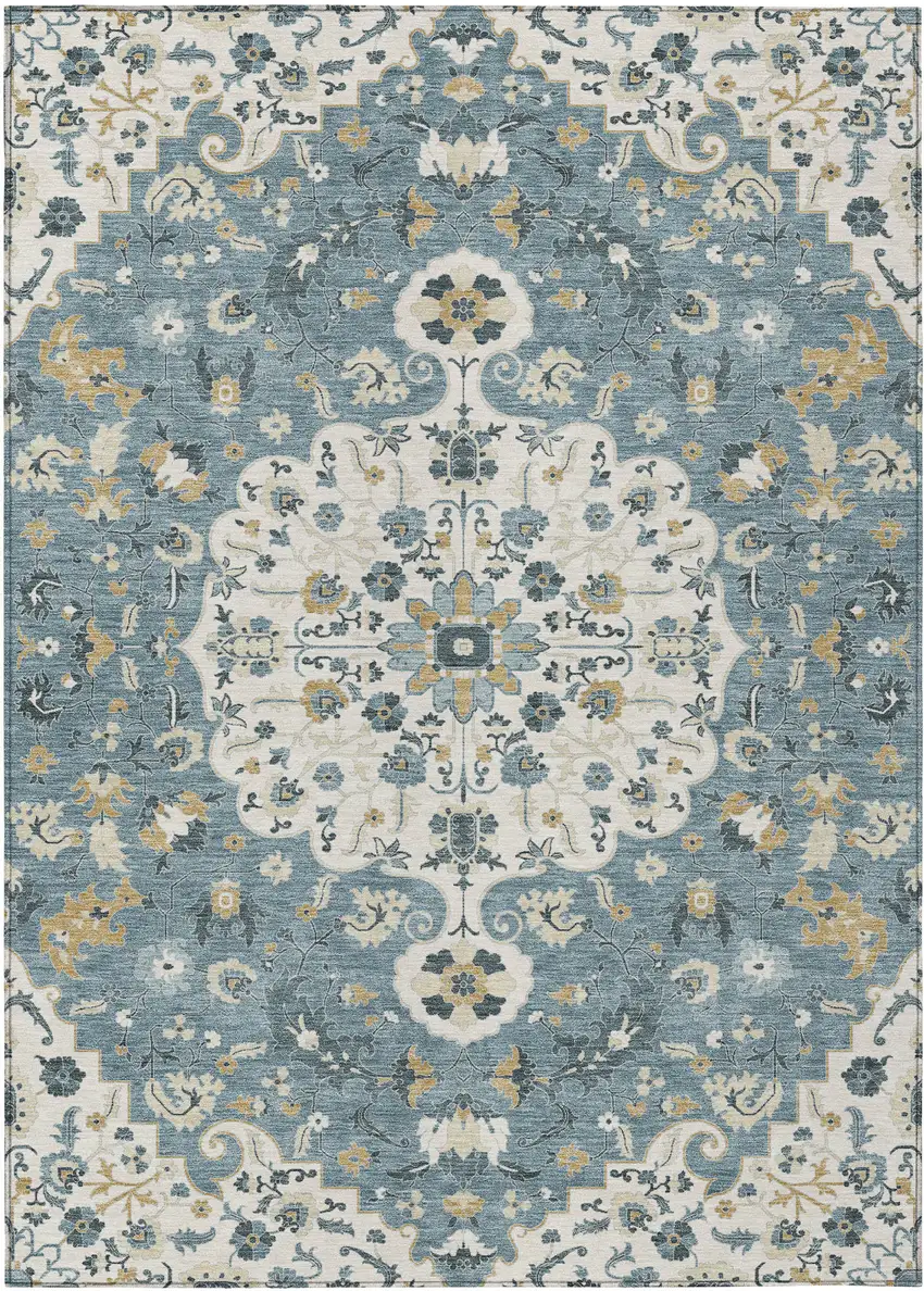 Ivory And Denim Blue Floral Medallion Washable Indoor Outdoor Area Rug Photo 1