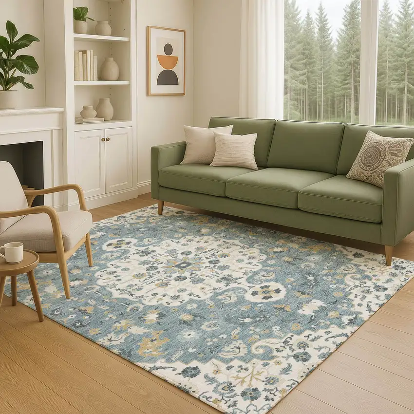 Ivory And Denim Blue Floral Medallion Washable Indoor Outdoor Area Rug Photo 5