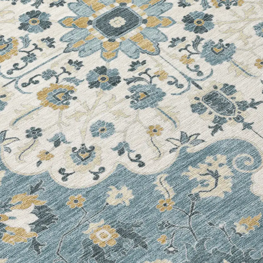 Ivory And Denim Blue Floral Medallion Washable Indoor Outdoor Area Rug Photo 9