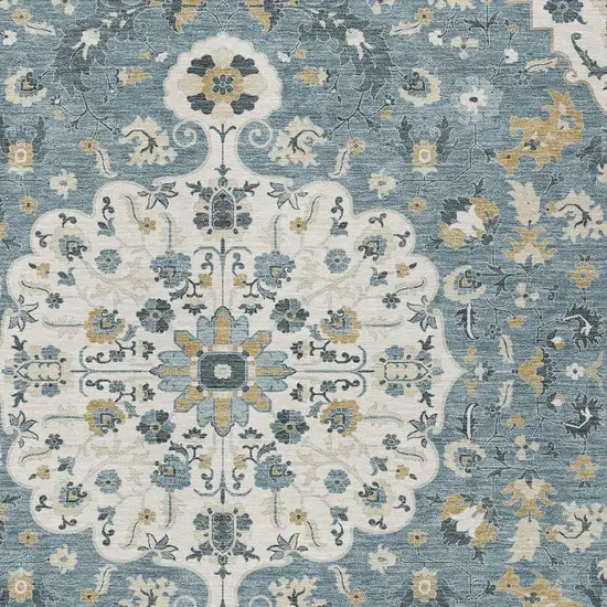 Ivory And Denim Blue Floral Medallion Washable Indoor Outdoor Area Rug Photo 2