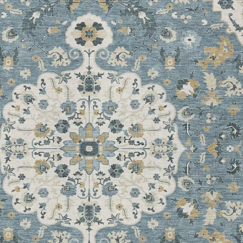 Ivory And Denim Blue Floral Medallion Washable Indoor Outdoor Area Rug Photo 2