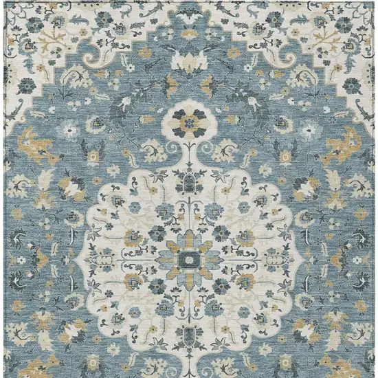 Ivory And Denim Blue Floral Medallion Washable Indoor Outdoor Area Rug Photo 3