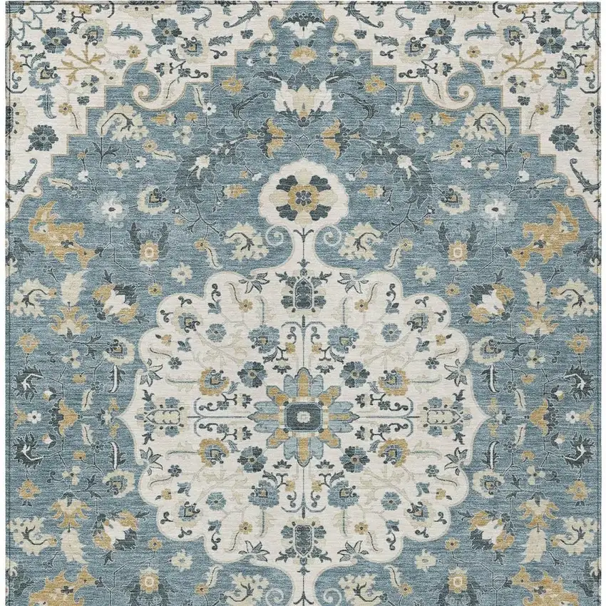 Ivory And Denim Blue Floral Medallion Washable Indoor Outdoor Area Rug Photo 3