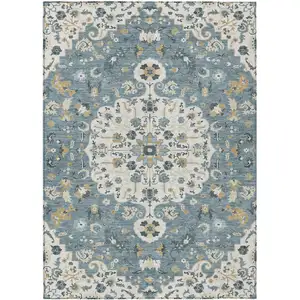 Photo of Ivory And Denim Blue Floral Medallion Washable Indoor Outdoor Area Rug