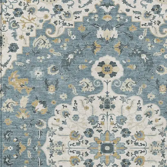 Ivory And Denim Blue Floral Medallion Washable Indoor Outdoor Area Rug Photo 2