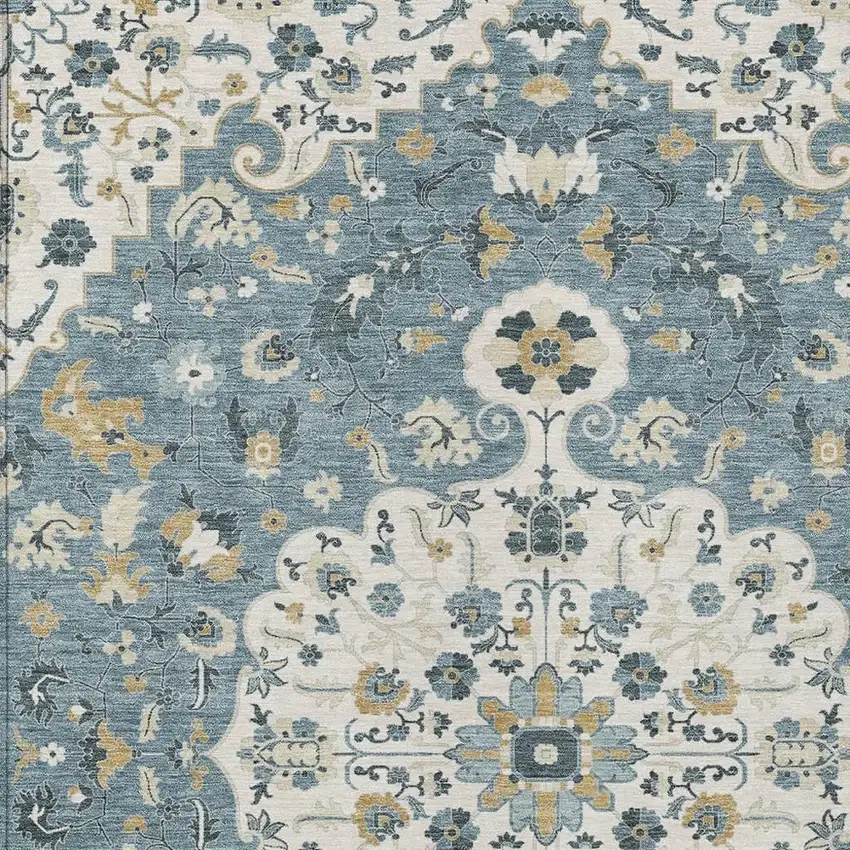 Ivory And Denim Blue Floral Medallion Washable Indoor Outdoor Area Rug Photo 2