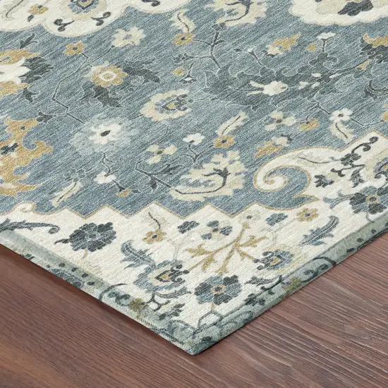 Ivory And Denim Blue Floral Medallion Washable Indoor Outdoor Area Rug Photo 8
