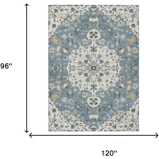 Ivory And Denim Blue Floral Medallion Washable Indoor Outdoor Area Rug Photo 6