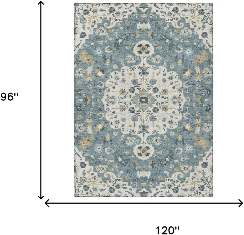 Ivory And Denim Blue Floral Medallion Washable Indoor Outdoor Area Rug Photo 6
