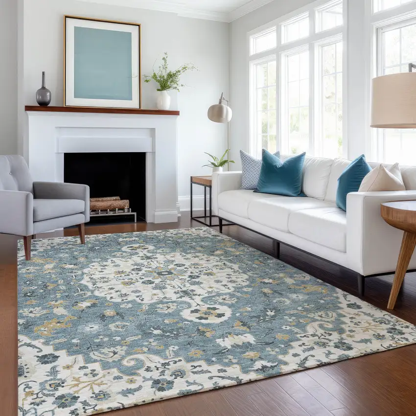 Ivory And Denim Blue Floral Medallion Washable Indoor Outdoor Area Rug Photo 6