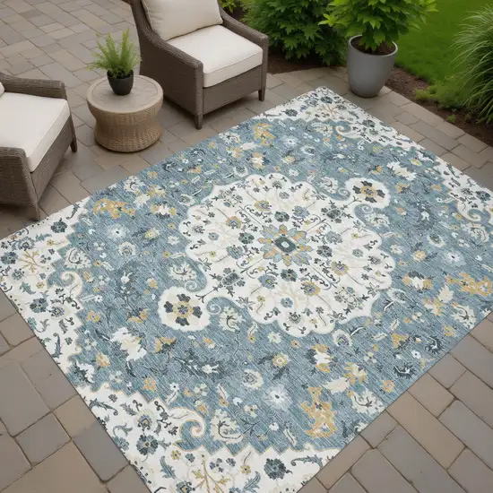 Ivory And Denim Blue Floral Medallion Washable Indoor Outdoor Area Rug Photo 7