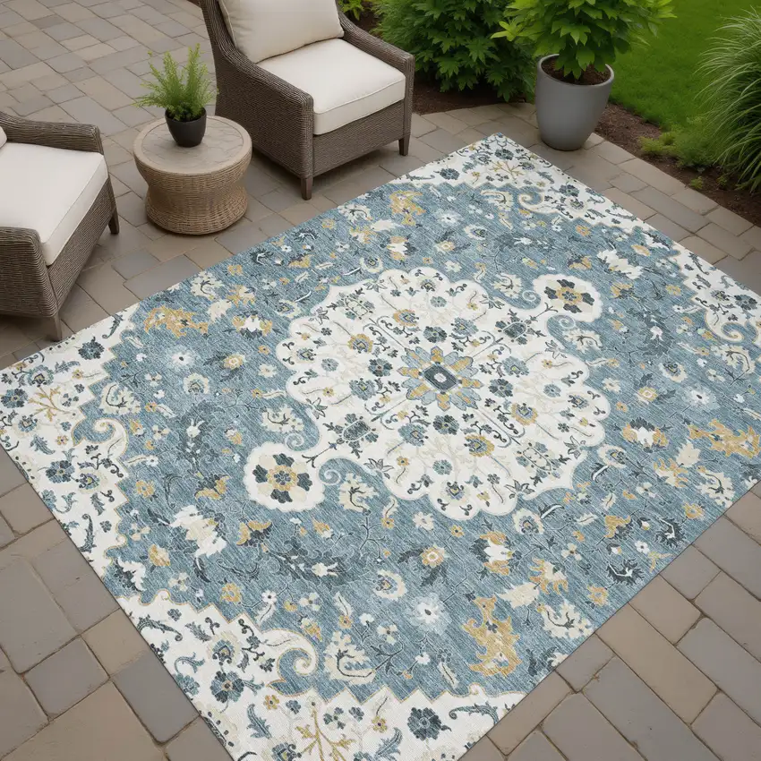Ivory And Denim Blue Floral Medallion Washable Indoor Outdoor Area Rug Photo 7