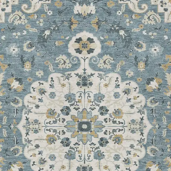 Ivory And Denim Blue Floral Medallion Washable Indoor Outdoor Area Rug Photo 2