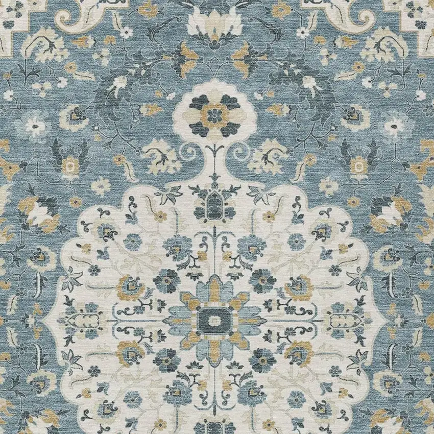 Ivory And Denim Blue Floral Medallion Washable Indoor Outdoor Area Rug Photo 2