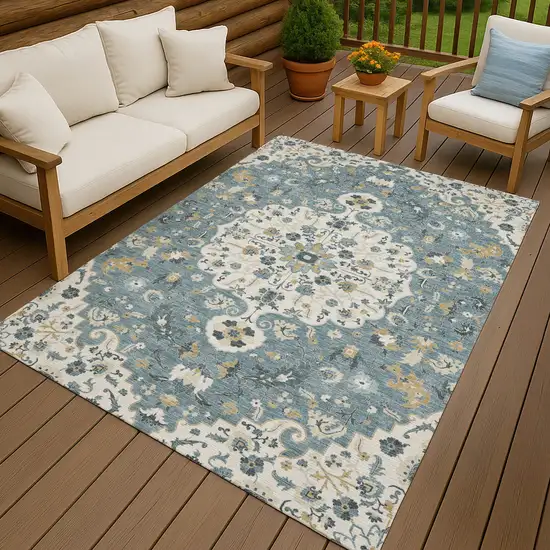 Ivory And Denim Blue Floral Medallion Washable Indoor Outdoor Area Rug Photo 4