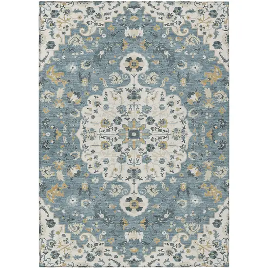 Ivory And Denim Blue Floral Medallion Washable Indoor Outdoor Area Rug Photo 1