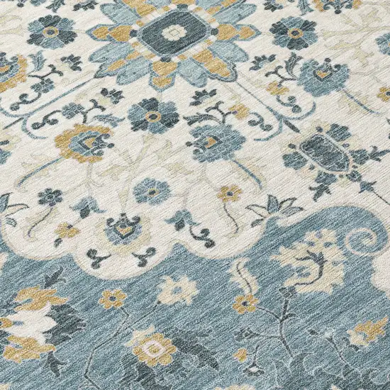 Ivory And Denim Blue Floral Medallion Washable Indoor Outdoor Area Rug Photo 9