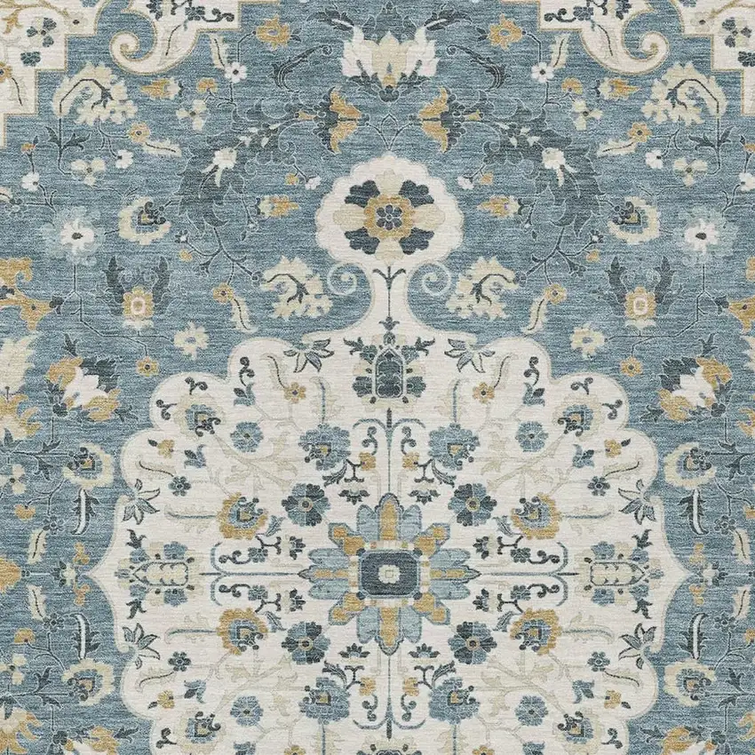 Ivory And Denim Blue Floral Medallion Washable Indoor Outdoor Area Rug Photo 2
