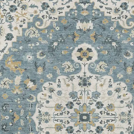 Ivory And Denim Blue Floral Medallion Washable Indoor Outdoor Area Rug Photo 2