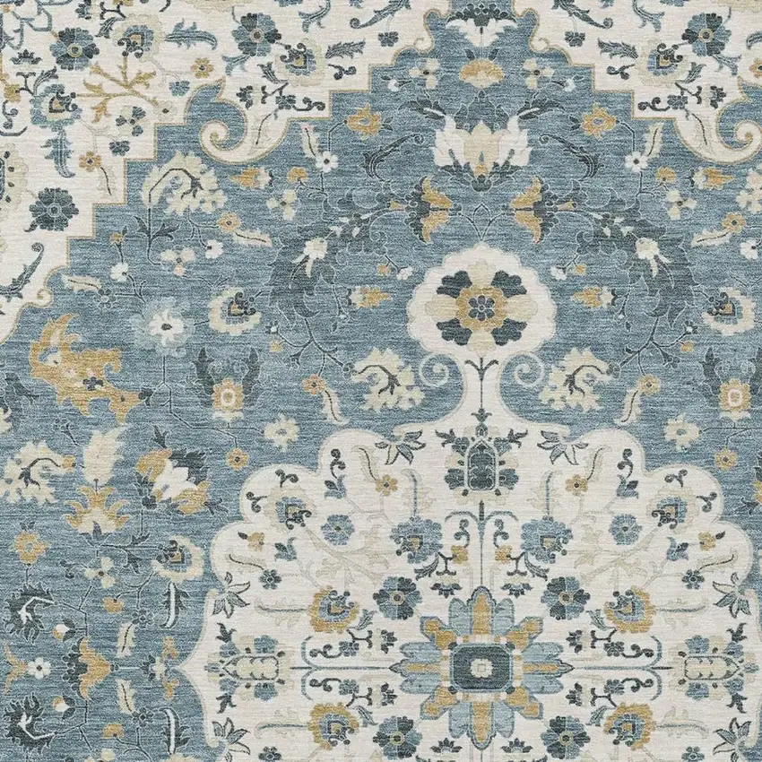 Ivory And Denim Blue Floral Medallion Washable Indoor Outdoor Area Rug Photo 2