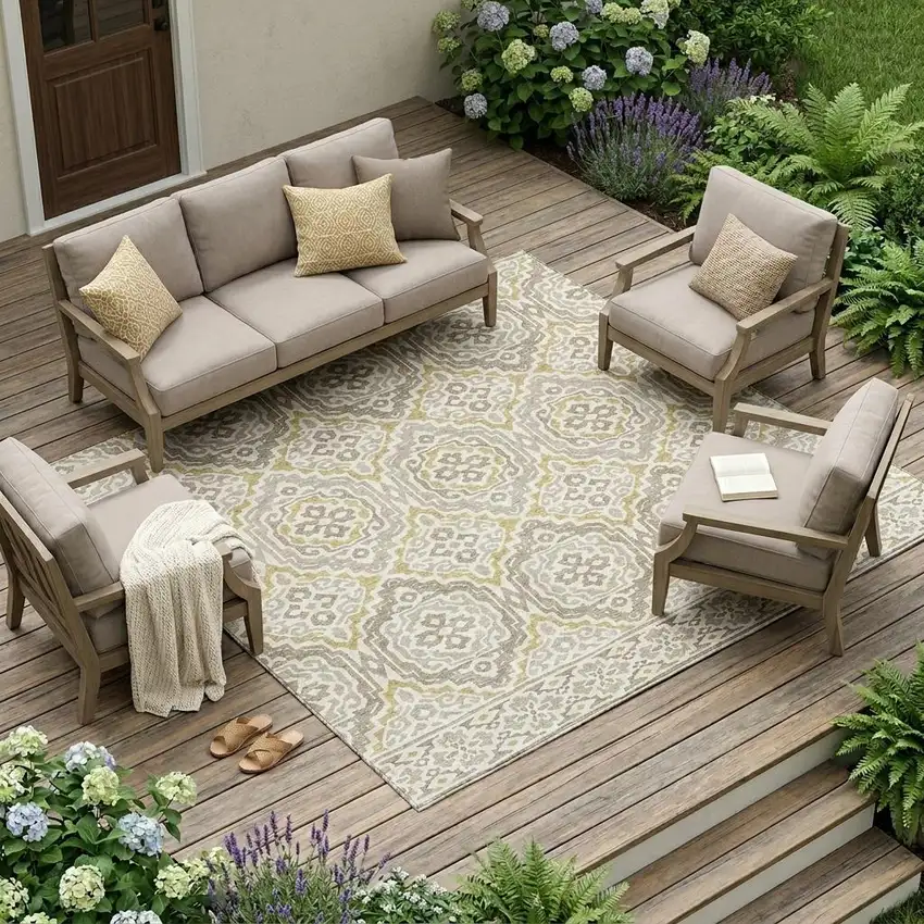 Ivory And Denim Blue Tribal Washable Indoor Outdoor Area Rug Photo 1