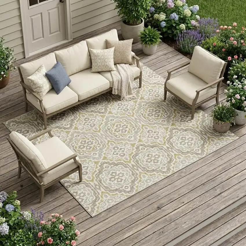 Ivory And Denim Blue Tribal Washable Indoor Outdoor Area Rug Photo 1