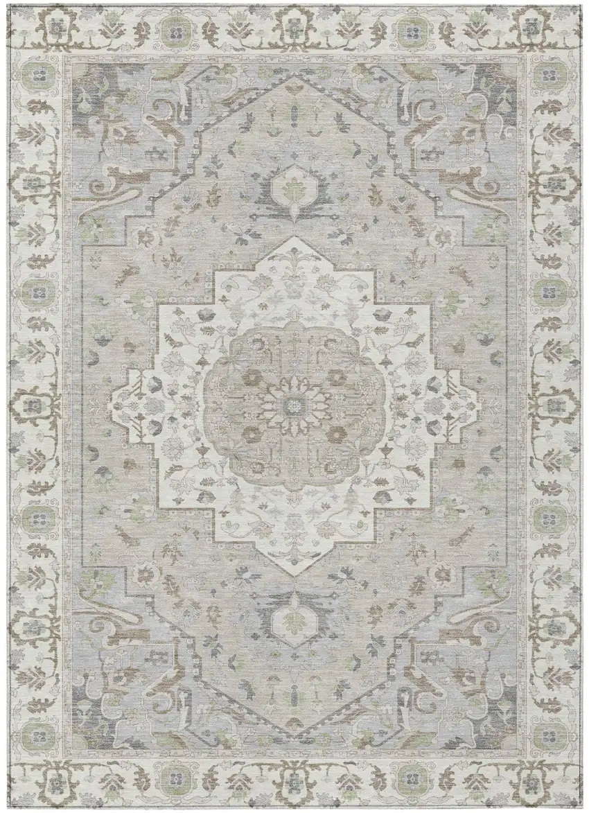 Ivory And Fern Green Oriental Washable Indoor Outdoor Area Rug Photo 2