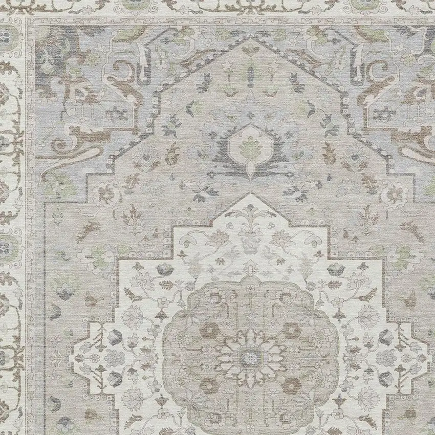 Ivory And Fern Green Oriental Washable Indoor Outdoor Area Rug Photo 5