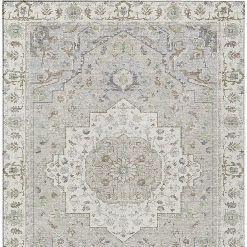 Ivory And Fern Green Oriental Washable Indoor Outdoor Area Rug Photo 6
