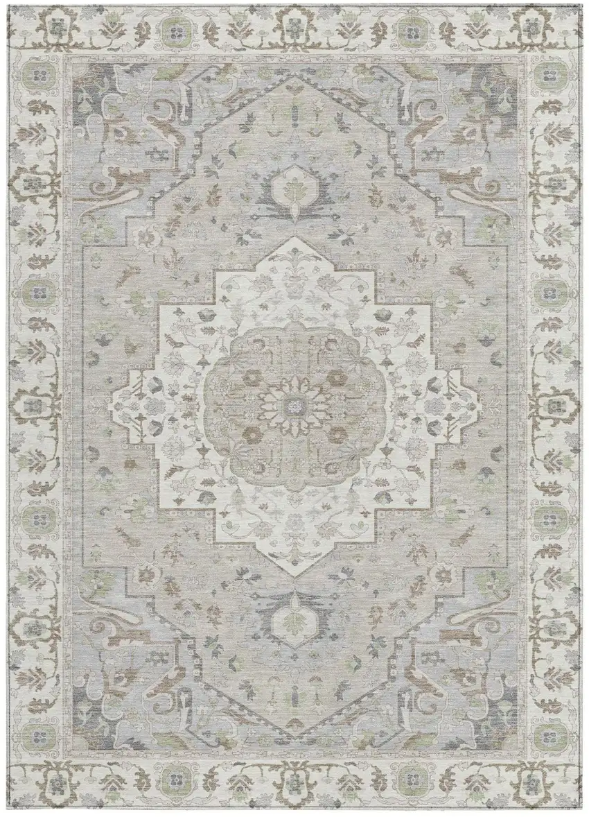 Ivory And Fern Green Oriental Washable Indoor Outdoor Area Rug Photo 4