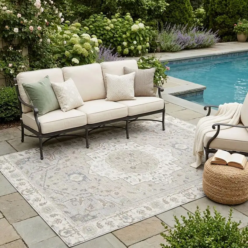 Ivory And Fern Green Oriental Washable Indoor Outdoor Area Rug Photo 1