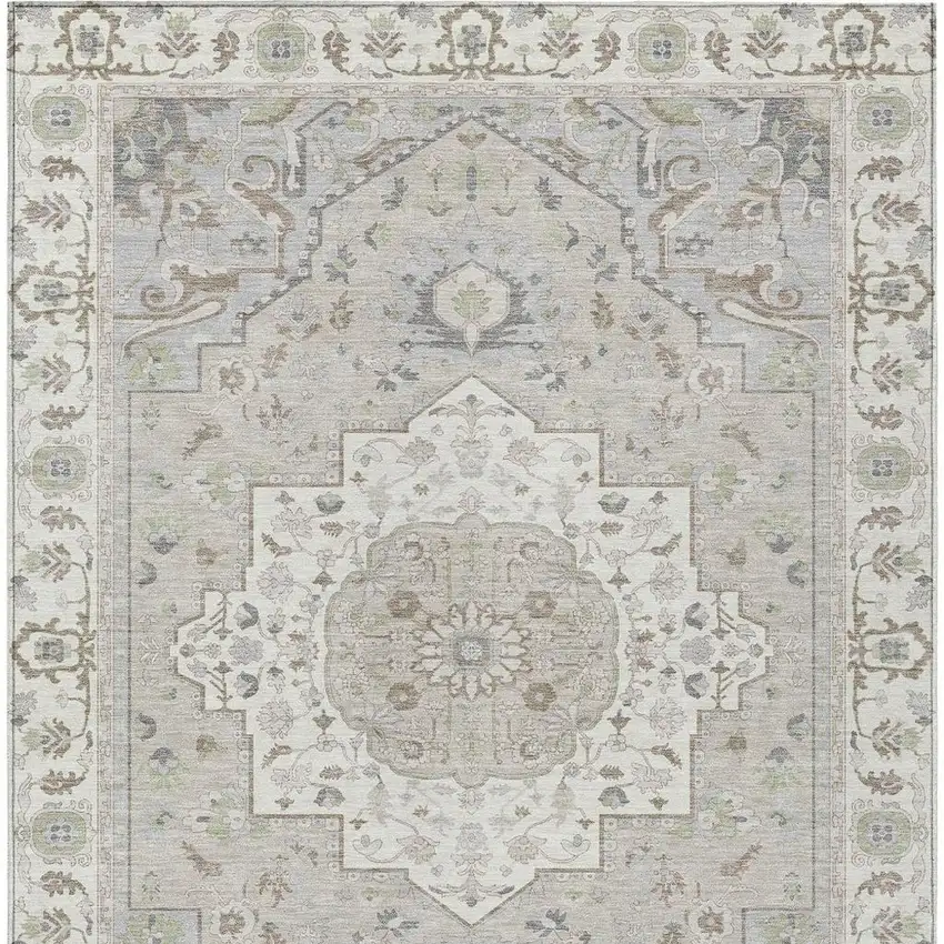 Ivory And Fern Green Oriental Washable Indoor Outdoor Area Rug Photo 3