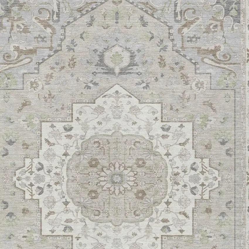 Ivory And Fern Green Oriental Washable Indoor Outdoor Area Rug Photo 3
