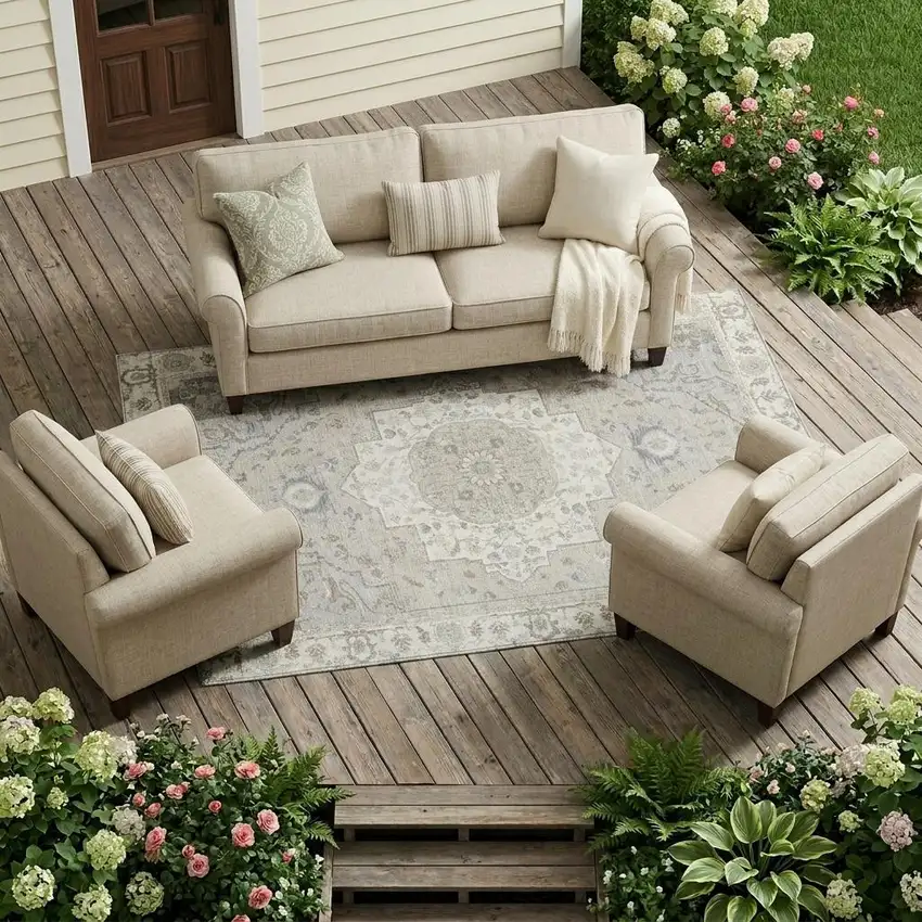 Ivory And Fern Green Oriental Washable Indoor Outdoor Area Rug Photo 1
