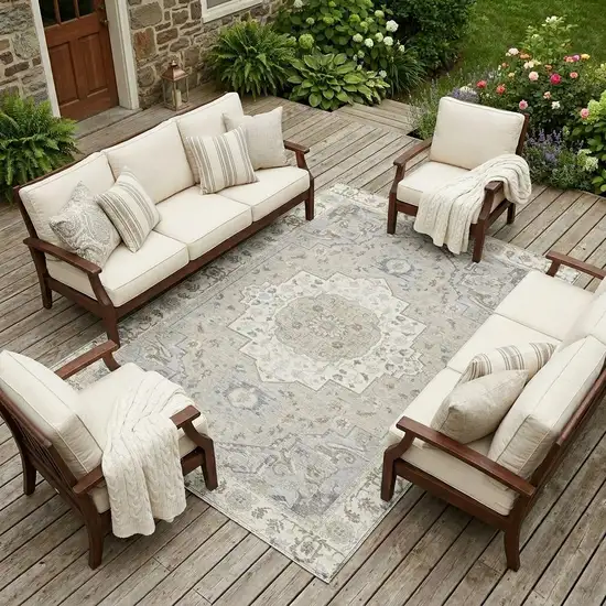 Ivory And Fern Green Oriental Washable Indoor Outdoor Area Rug Photo 1