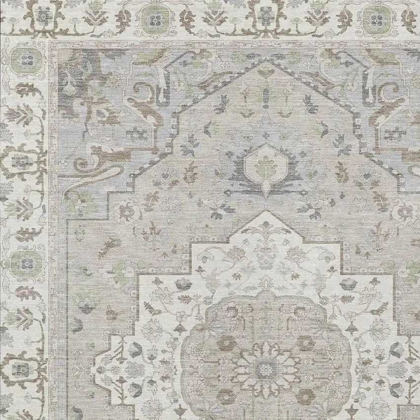 Ivory And Fern Green Oriental Washable Indoor Outdoor Area Rug Photo 5