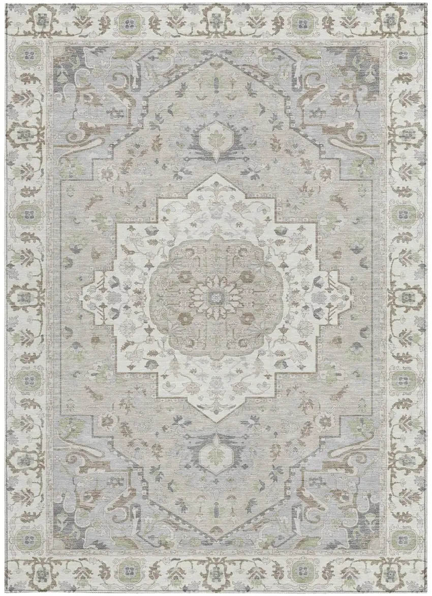 Ivory And Fern Green Oriental Washable Indoor Outdoor Area Rug Photo 3