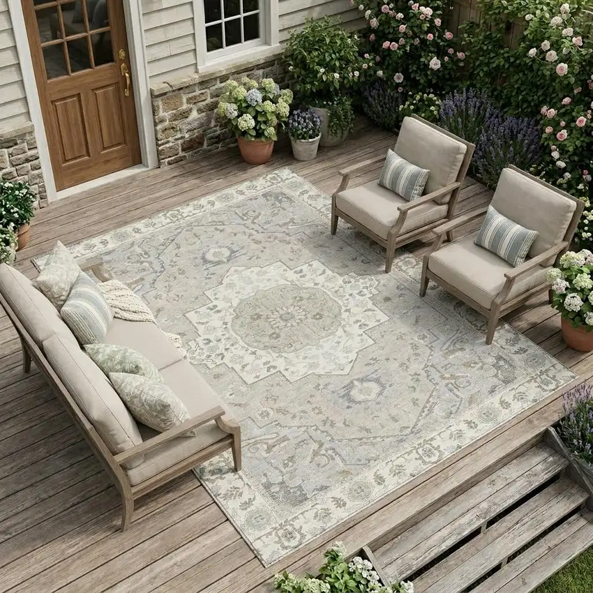Ivory And Fern Green Oriental Washable Indoor Outdoor Area Rug Photo 1