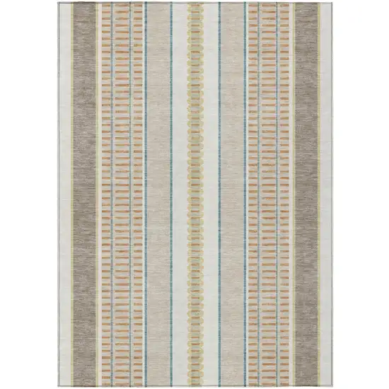 Ivory And Fern Green Striped Washable Indoor Outdoor Area Rug Photo 2