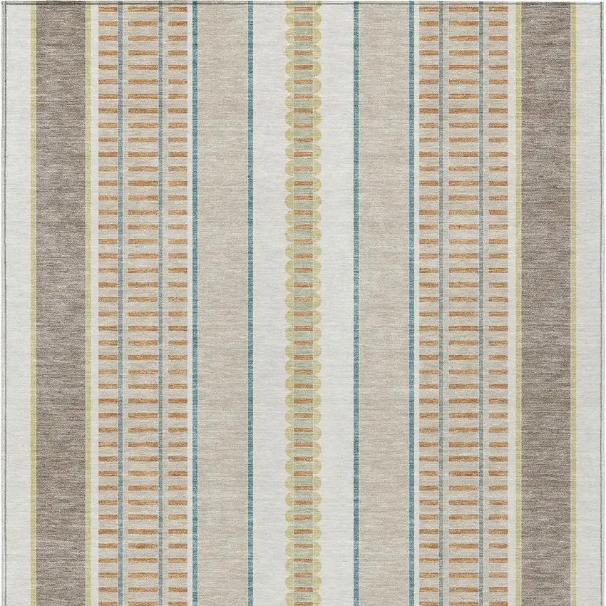 Ivory And Fern Green Striped Washable Indoor Outdoor Area Rug Photo 4