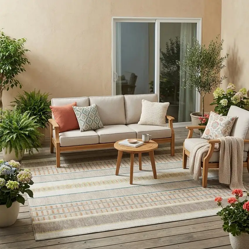 Ivory And Fern Green Striped Washable Indoor Outdoor Area Rug Photo 1