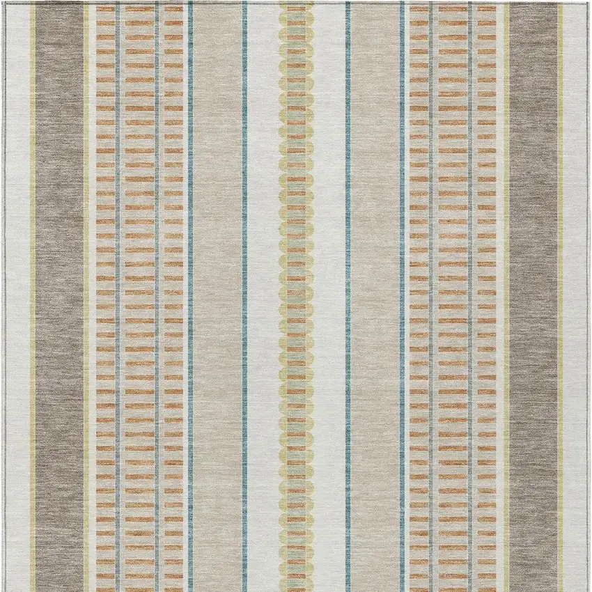 Ivory And Fern Green Striped Washable Indoor Outdoor Area Rug Photo 6