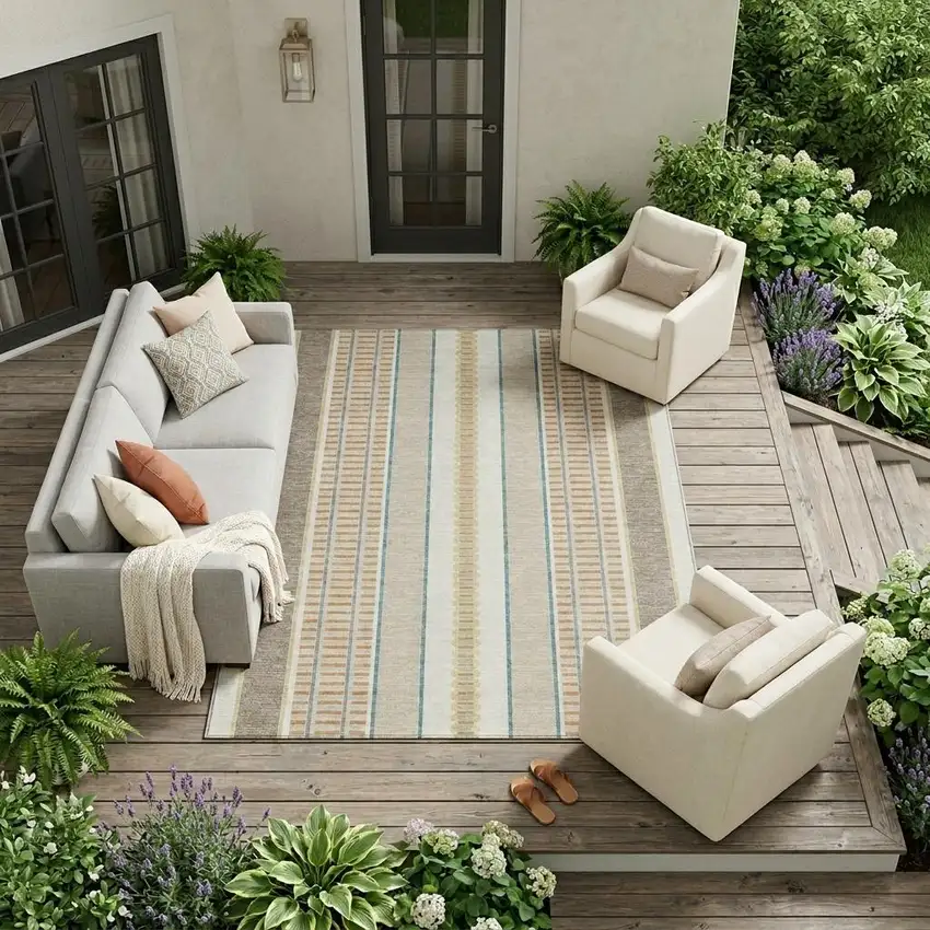 Ivory And Fern Green Striped Washable Indoor Outdoor Area Rug Photo 1